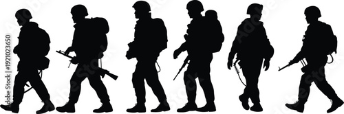 Military soldier silhouettes walking with rifles backpacks, army patrol team, defense forces people, tactical service occupation illustration