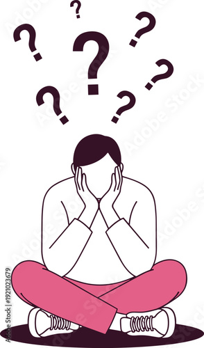 Confused person sitting with hands on face surrounded by question marks, uncertainty and problem solving concept, mental stress and decision making illustration isolated on light background