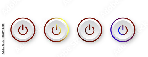 Set of modern power button icons in circular style with gradient variations. Minimal tech interface symbols isolated on light background, perfect for UI, apps, dashboards, startup, shutdown