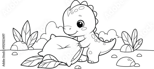 an adorable cartoon dinosaur is happily clutching a pillow amidst lush greenery creating a charming and playful scene for coloring