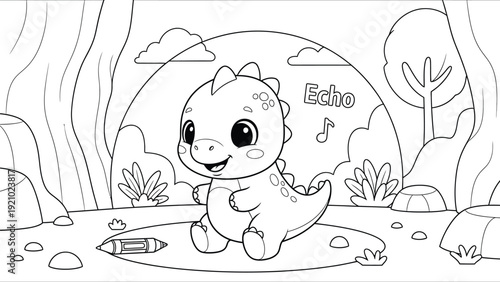a charming black and white illustration depicts a cute baby dinosaur named echo exploring a whimsical jungle landscape with trees and foliage