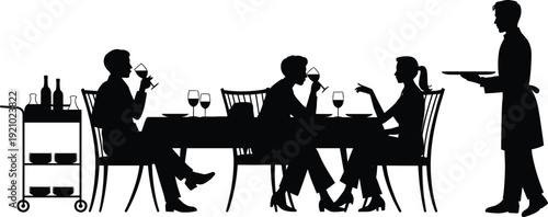 Black silhouette of elegant people dining in luxury restaurant with waiter serving wine and food on table over white background