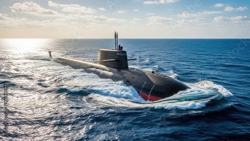 Powerful submarine glides through the expansive ocean under a bright sky seascape view
