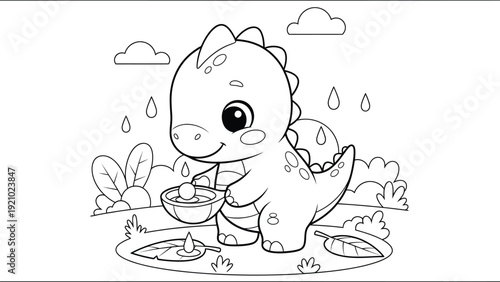a charming black and white illustration depicts a cute baby dinosaur enjoying a meal outdoors with plants and clouds high quality
