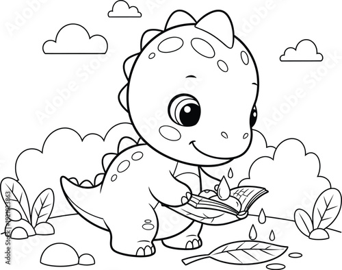 a charming illustration depicts a cute baby dinosaur engrossed in reading a book amongst lush greenery and fluffy clouds high quality