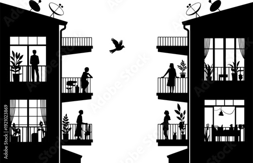 Black silhouette of neighbors on apartment balconies with potted plants and bird flying between urban residential buildings on white background