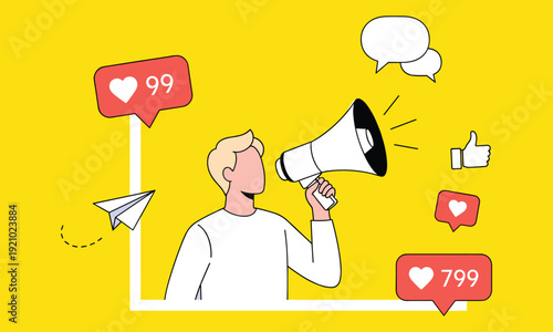 Social media marketing concept with person using megaphone, notification icons, likes, messages, and engagement symbols, digital promotion and online communication illustration on bright yellow