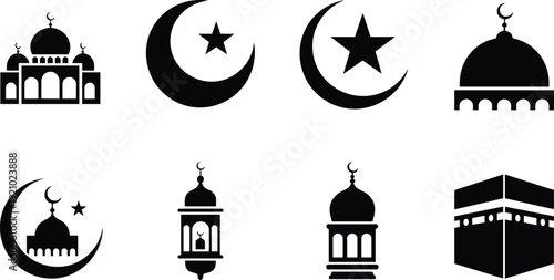 Islamic Symbols Vector Icon Set, Crescent Moon Star Mosque Dome and Kaaba Silhouette, Ramadan Eid Mubarak Religious Black Icons Collection