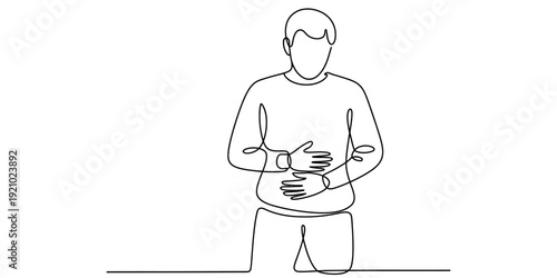 Continuous line drawing of a man suffering from stomach ache and holding his belly in pain Vector, illustration