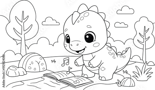 a charming illustration depicts a cute baby dinosaur joyfully playing music in a whimsical forest setting perfect for coloring high quality