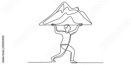 Continuous line drawing of a man carrying a heavy mountain symbolizing great responsibility