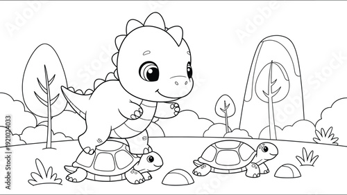 a charming illustration depicts a baby dinosaur riding a turtle with two additional turtles nearby in a simple landscape scene