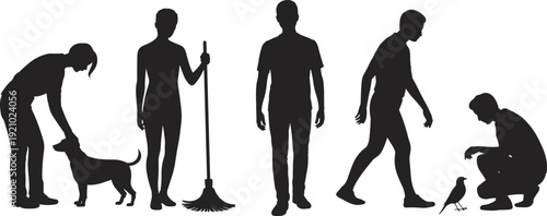 People silhouettes with pets and cleaning tools, daily life activities isolated black vector illustration set