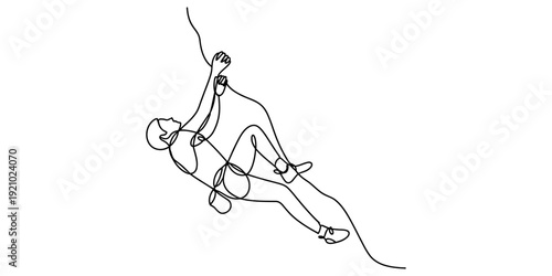 A simple black and white line drawing of a rock climber ascending a steep rock face with a rope