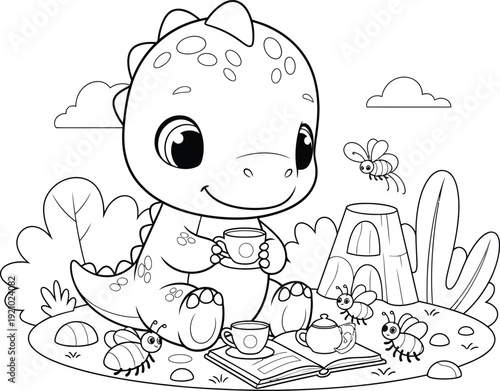 a charming illustration depicts a cute baby dinosaur enjoying a tea party with bees and a book high quality professional detailed