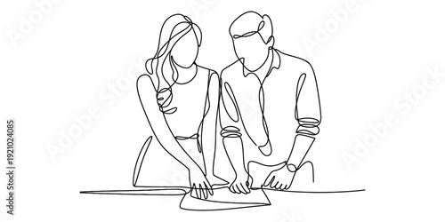Continuous line drawing of a man and a woman collaborating and looking at a document on a table.
