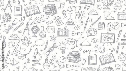 Seamless pattern of hand drawn education and science doodles.