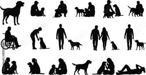 Black silhouettes of people with dogs, featuring men and women walking, sitting, and playing with puppies and disabled person silhouette.