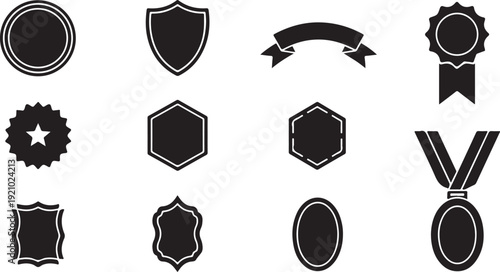 Collection of various black and white award badge and ribbon icons isolated on transparent background for graphic design use