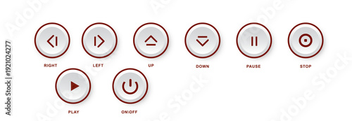 Modern media control icons set featuring play, pause, stop, power, and navigation arrows. Clean circular UI buttons isolated on light background, ideal for apps, video players, dashboards,