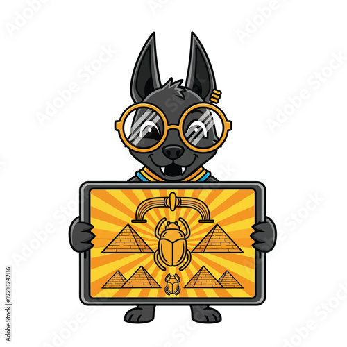 Clever Anubis Dog Mascot in Glasses Presenting a Tablet with Egyptian Pyramids and Scarab Beetle