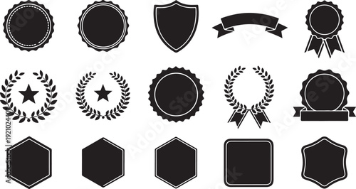 Collection of various black and white badge seals stickers with different shapes and designs isolated on transparent background