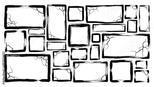 Set of Hand-Drawn Grunge Frames with Cracks and Distressed Edges.