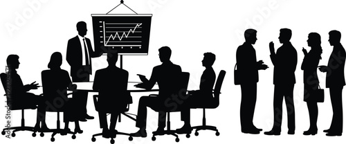 Black silhouettes of business people in office meeting giving presentation with chart and professional colleagues talking in corporate workspace vector