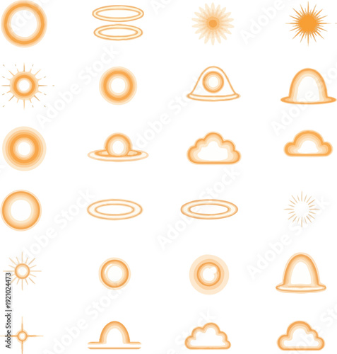 Orange Glowing Light Effects and Sun Icons for Holi Festival and Spring Equinox