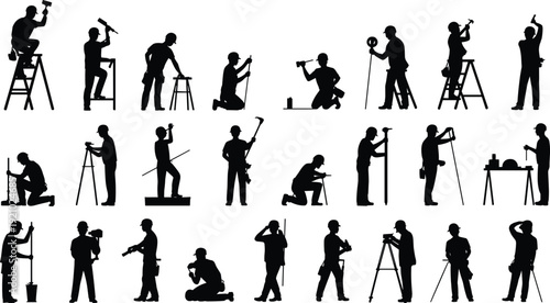 Surveyor and construction worker silhouettes set, builders measuring and repairing with tools isolated black vector collection