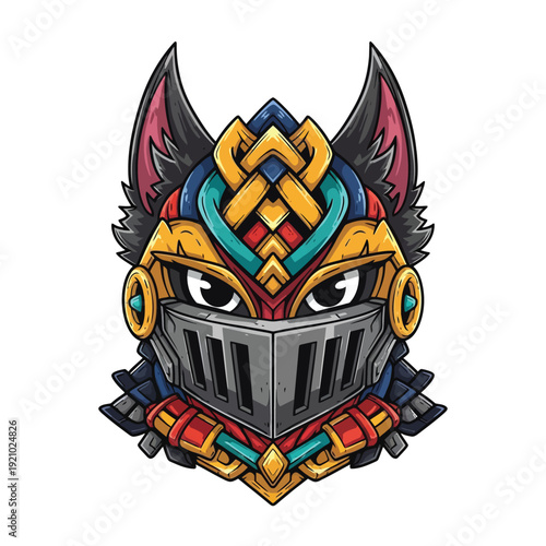 Vibrant Feline Knight Head Illustration - Ornate Cat Warrior Mascot with Colorful Celtic Fantasy Armor