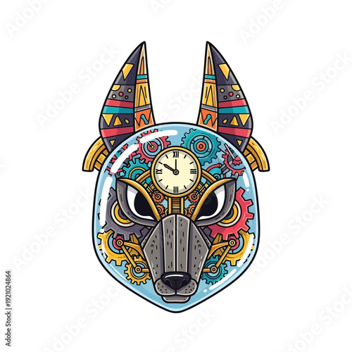 Steampunk Anubis Head Illustration with Clockwork Gears & Tribal Patterns - Ancient Egyptian Mythology & Time Machine Concept Vector Art