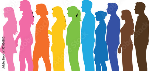 Human silhouettes illustration, diverse male female colorful identity inclusion character design, vector artwork, social and education theme, isolated background