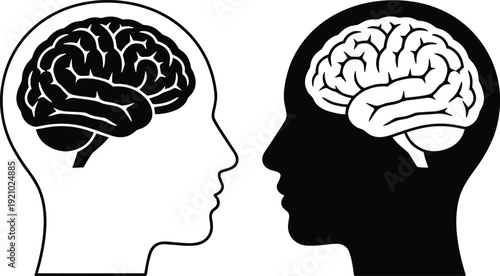 Human head silhouettes illustration, brain contrast psychology communication cognitive science design, vector artwork, identity and education theme, isolated background
