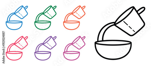 Set line measuring cup pouring liquid into bowl icon isolated on white background, plastic graduated beaker with handle