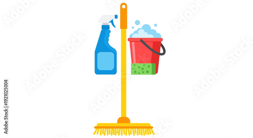 Cleaning Supplies Broom Bucket and Bottle.
