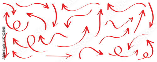Red brush hand drawn various  doodle arrows. Vector doodle marker drawing. Hand draw symbols for graphic design. Doodle arrow isolated on white background. Vector illustration.