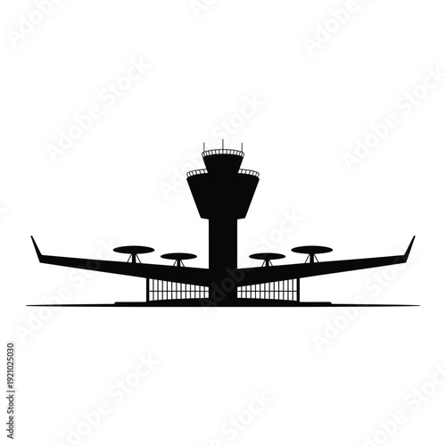 Black silhouette vector airport control tower icon isolated on white for aviation travel design