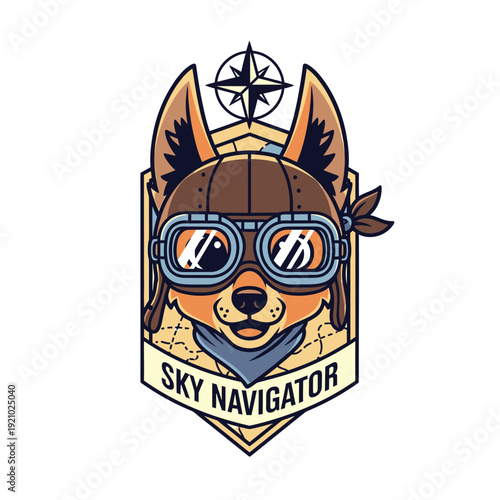 Sky Navigator Fox Pilot Logo: Cute Cartoon Dog in Aviator Helmet & Goggles for Adventure & Travel Design
