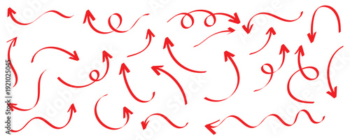 Red brush hand drawn various  doodle arrows. Vector doodle marker drawing. Hand draw symbols for graphic design. Doodle arrow isolated on white background. Vector illustration.