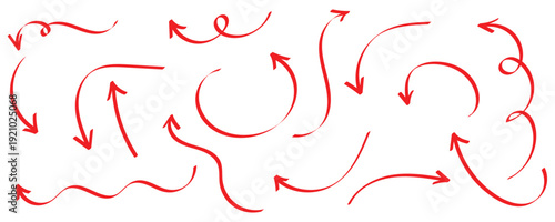 Red brush hand drawn various  doodle arrows. Vector doodle marker drawing. Hand draw symbols for graphic design. Doodle arrow isolated on white background. Vector illustration.