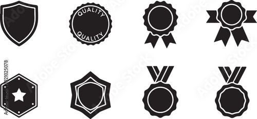 Set of various award badges and quality assurance symbols isolated on transparent background for graphic design use