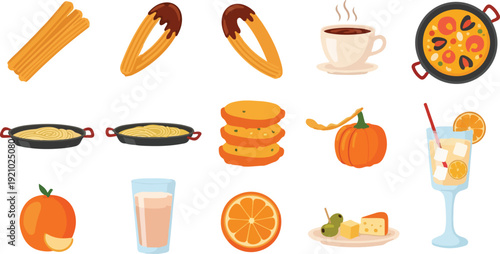 Spanish food collection with paella and churros for Las Fallas festival