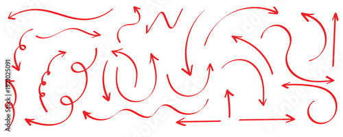 Hand drawn doodle red arrow icon set . Doodles set with curvy directional symbols pointer icons. Arrows are created with a  featuring curvy lines and playful shapes. Vector illustration. 