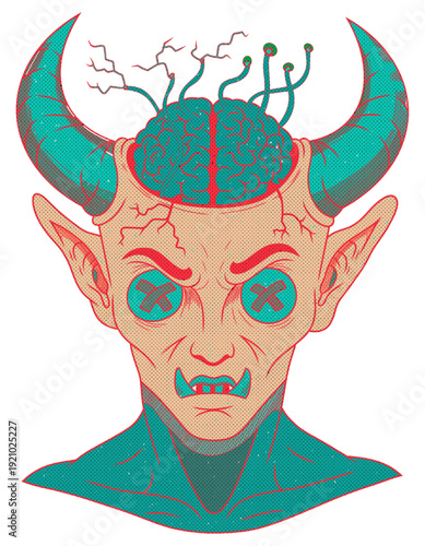 A striking, intricately detailed illustration depicts a demonic or monster creature bust, featuring sharp horns, an exposed brain with wires, eyes, and a textured appearance, in PNG format.