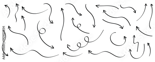 Mega set of hand drawn black doodle arrows . Large vector collection of doodle arrow icons and pointers. This  icon set isolated on white background. Vector illustration.