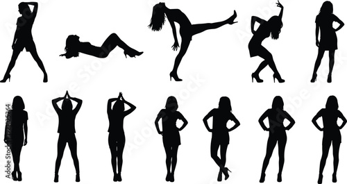 Black silhouettes of women in various fashion poses, standing, lying, and dancing, collection of female figures for design and lifestyle.