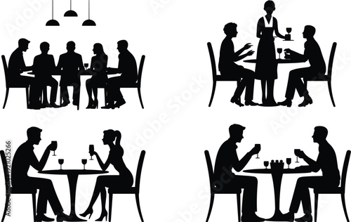 Black silhouettes of people dining in restaurant café settings with couples and groups drinking wine at tables served by waiter