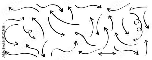 Collection of hand drawn doodle arrow set. Set of brush stroke of curly black doodle arrow collection. Sketch curved arrows design. Various shapes for graphic design and navigation. Eps10