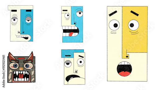 A captivating collection of five stylized human or creature faces, each featuring distinct blocky designs, distressed expressions, and a vibrant two-tone color palette on a transparent background